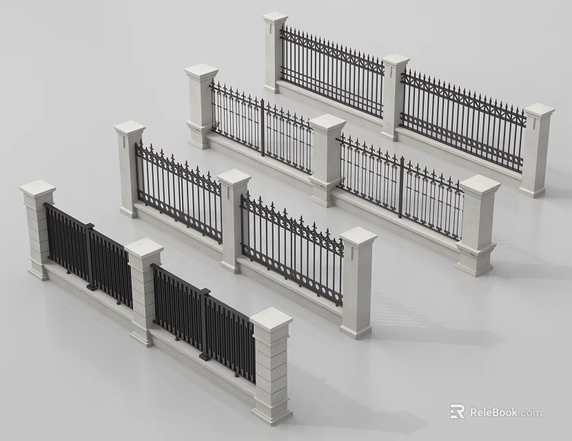 Scenic Wall Designs With White Pillars And Black Iron Railings In Multiple Arrangements 3d model 