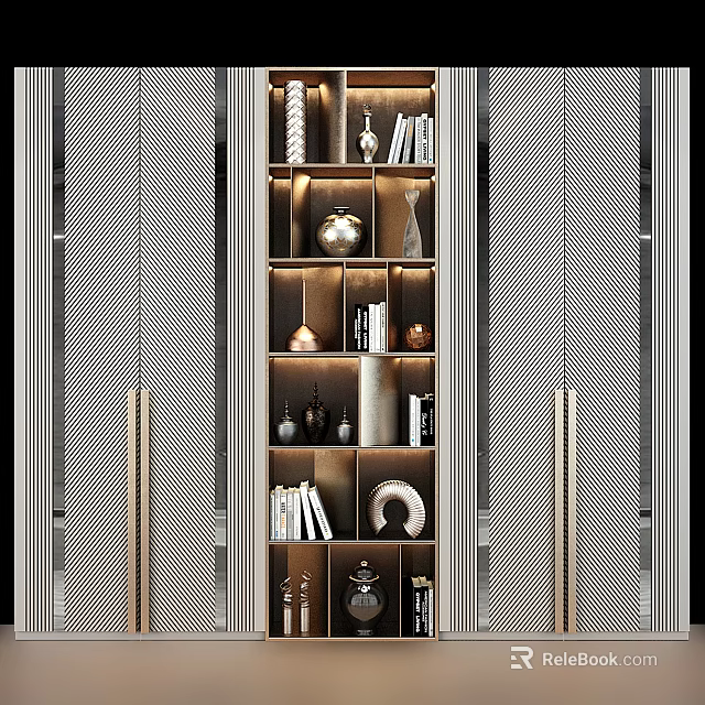 Modern Bookcase With Glass Doors And Metal Frame Displaying Decorative Items And Books 3d model 
