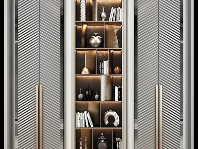 Modern Bookcase With Glass Doors And Metal Frame Displaying Decorative Items And Books 3d model