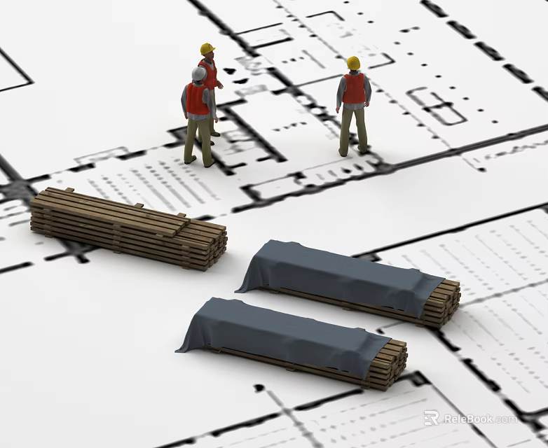 Construction Workers With Rolled Materials On Building Plans And Drawings 3d model 