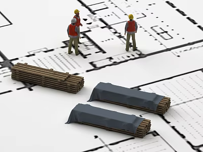Construction Workers With Rolled Materials On Building Plans And Drawings 3d model