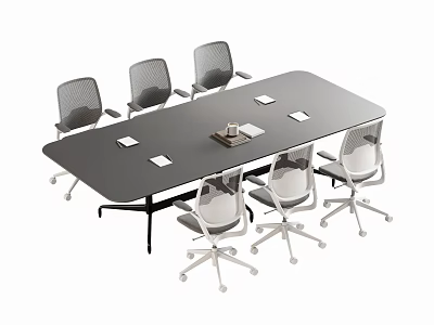 Modern Black Conference Table With Six Mesh Back Rolling Chairs And White Square Coasters 3d model