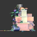 Colorful Cartoon Scenic Building With Multi Layered Structure Green Plants And Decorative Clocks