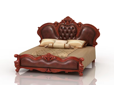 Elegant Classic Double Bed With Leather Tufted Headboard And Ornate Carved Frame 3d model