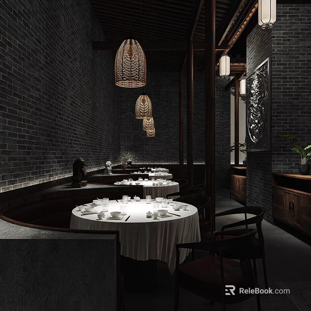 Traditional Chinese Restaurant Interior With Exposed Brick Walls Rattan Pendant Lights And Round Dining Tables 3d model 