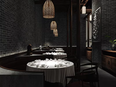 Traditional Chinese Restaurant Interior With Exposed Brick Walls Rattan Pendant Lights And Round Dining Tables 3d model