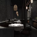 Traditional Chinese Restaurant Interior With Exposed Brick Walls Rattan Pendant Lights And Round Dining Tables