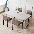 Modern Dining Table Set With White Rectangular Table Brown Chairs and Green Plant in Vase 3d model