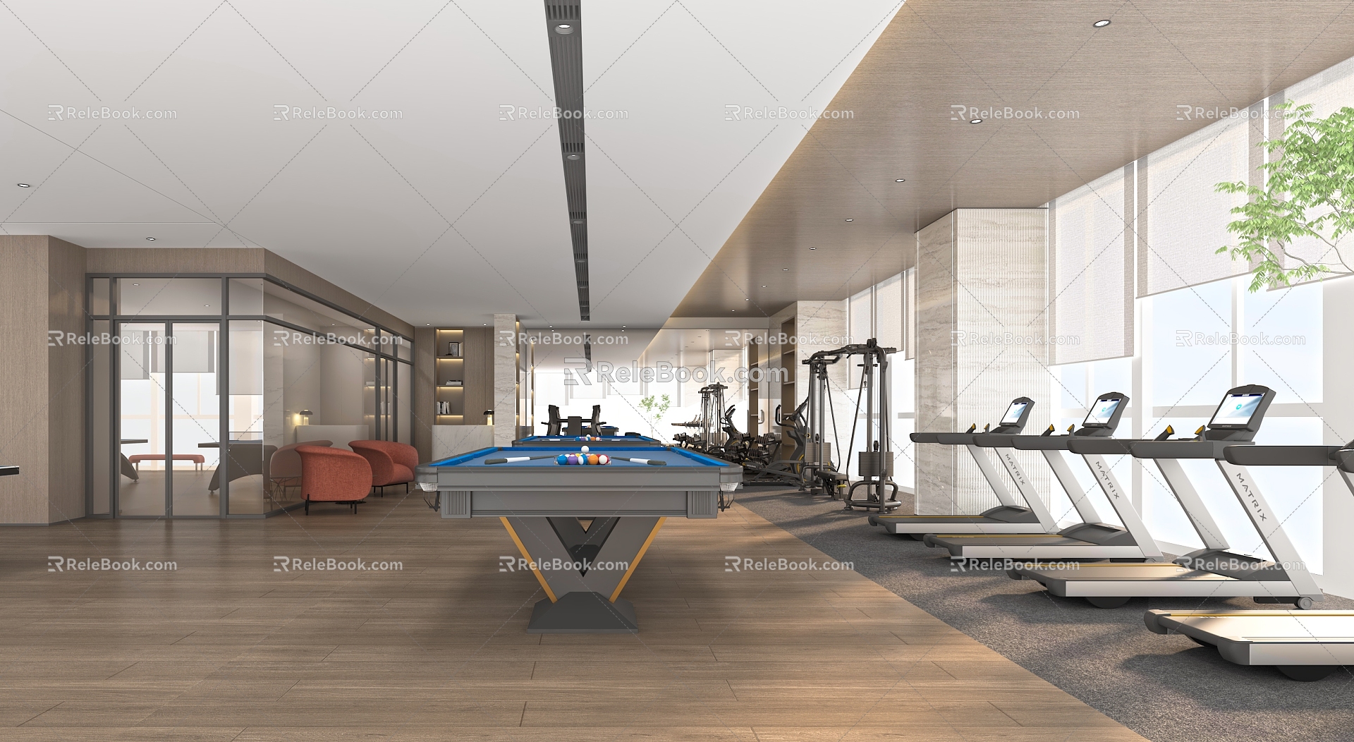 gym pool table ping pong table treadmill 3d model