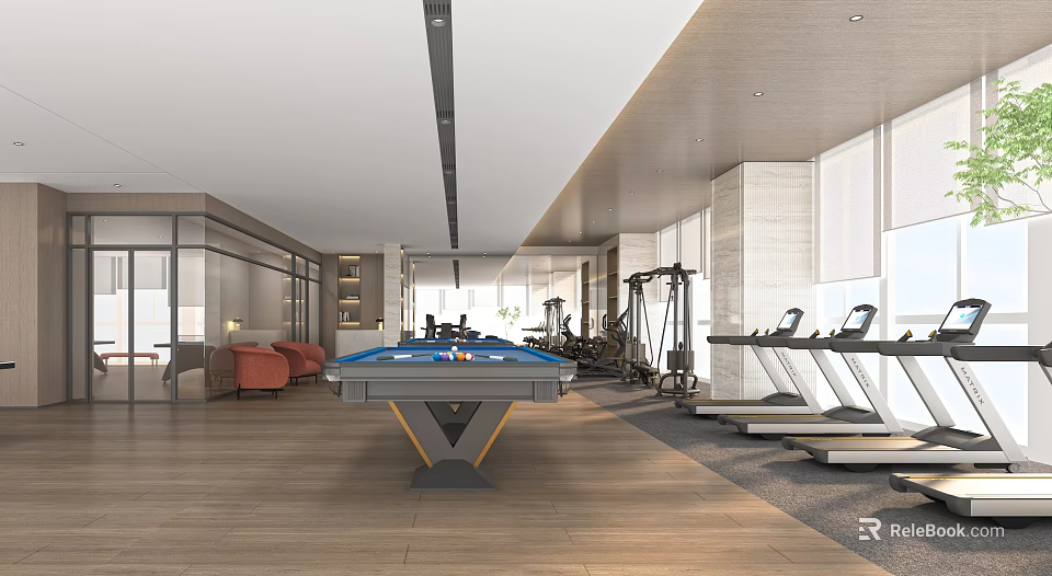 Modern Fitness Space With Pool Table And Treadmills 3d model 