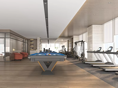 Modern Fitness Space With Pool Table And Treadmills 3d model