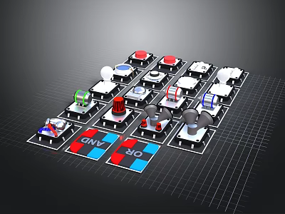 3D Modeled Electronic Components on Grid Board With Red Green Blue White Elements CNC Labels 3d model