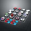 3D Modeled Electronic Components on Grid Board With Red Green Blue White Elements CNC Labels