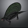 Dimetrodon Prehistoric Reptile With Green Striped Sail Open Mouth Dark Body