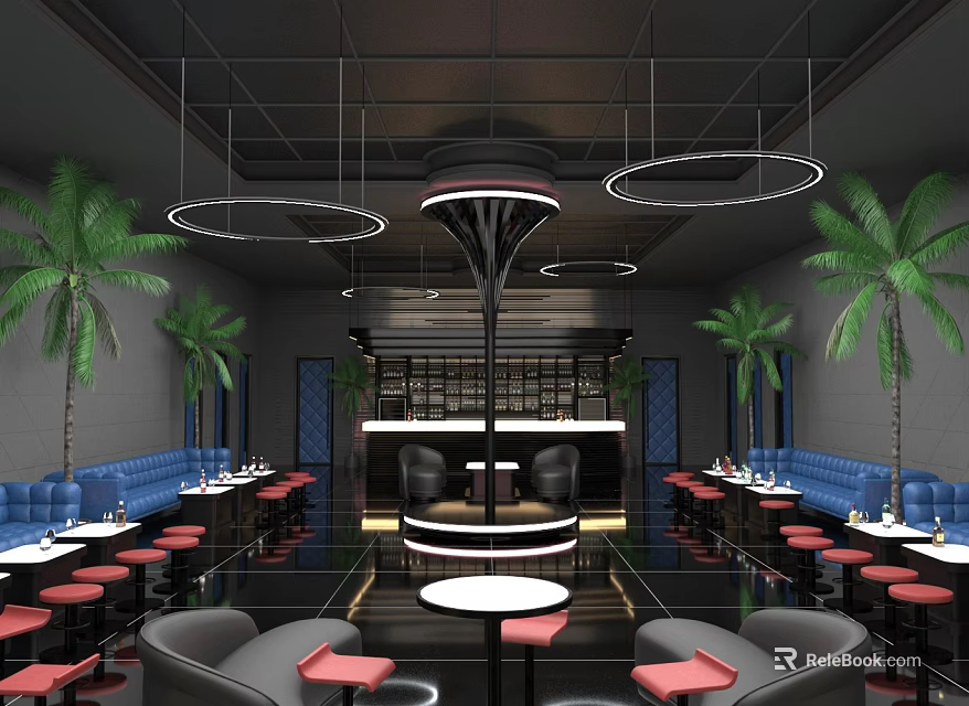 Stylish Bar Featuring Circular Pendant Lights Round Counter Blue Booths Red Stools And Palm Trees 3d model 