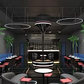 Stylish Bar Featuring Circular Pendant Lights Round Counter Blue Booths Red Stools And Palm Trees