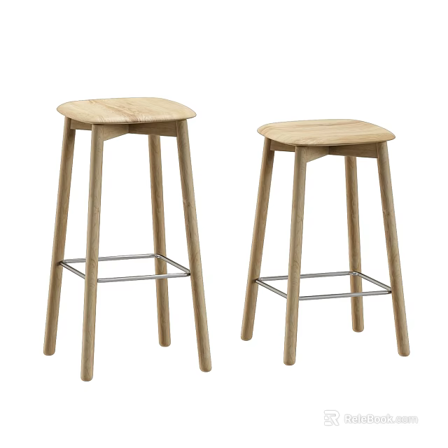 Two Modern Wooden Bar Stools with Metal Crossbar and Simple Design 3d model 