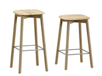 Two Modern Wooden Bar Stools with Metal Crossbar and Simple Design 3d model