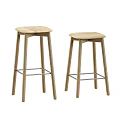 Two Modern Wooden Bar Stools with Metal Crossbar and Simple Design