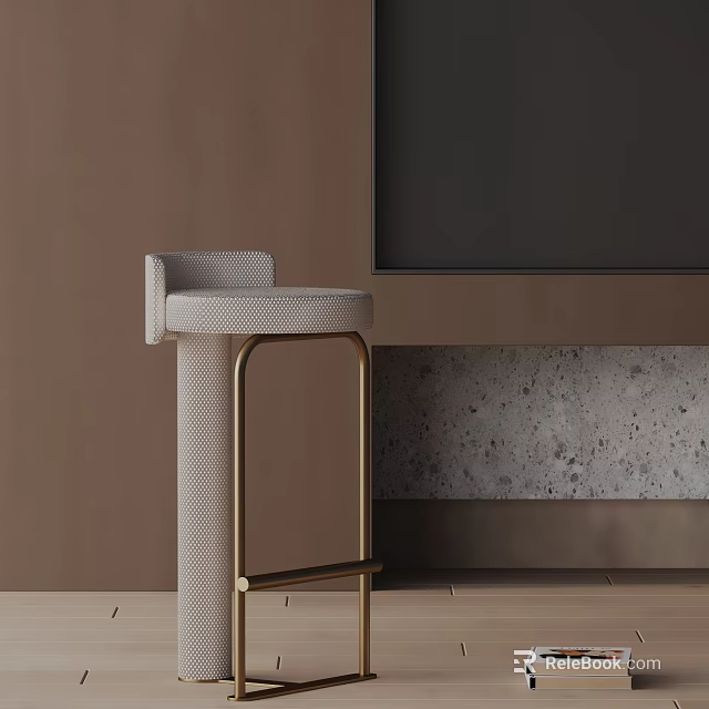 Woven Beige Bar Stool With Gold Metal Frame By Brown Wall And Speckled Countertop 3d model 