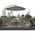 Outdoor Sofa Set On Wooden Patio With Umbrella Grill Plants Flowers And Coffee Table Rug