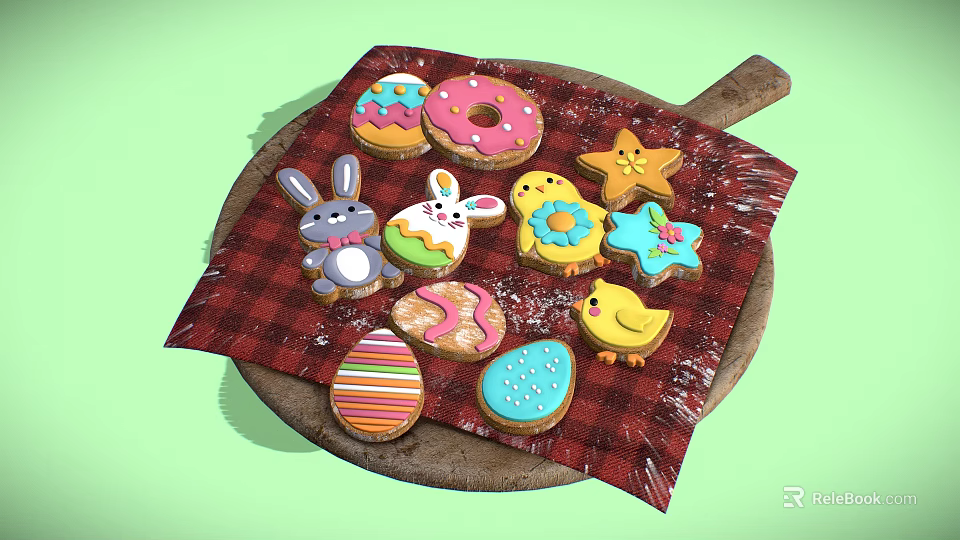 Colorful Easter Themed Cookies On Wooden Board With Red Checkered Cloth 3d model 