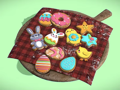 Colorful Easter Themed Cookies On Wooden Board With Red Checkered Cloth 3d model