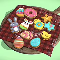 Colorful Easter Themed Cookies On Wooden Board With Red Checkered Cloth