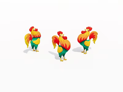 Three Colorful Cartoon Style Roosters With Bright Red Combs And Feathers 3d model