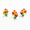 Three Colorful Cartoon Style Roosters With Bright Red Combs And Feathers