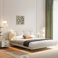 White Upholstered Double Bed with White Brown Pillows Nightstand and Green Curtains