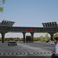 Modern Entrance Gate Design With Solar Panels LOGO Vehicles And People Around