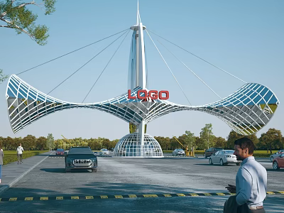 Modern Entrance Gate With Streamlined Metallic Structure Central Spire And Curved Top Wings 3d model