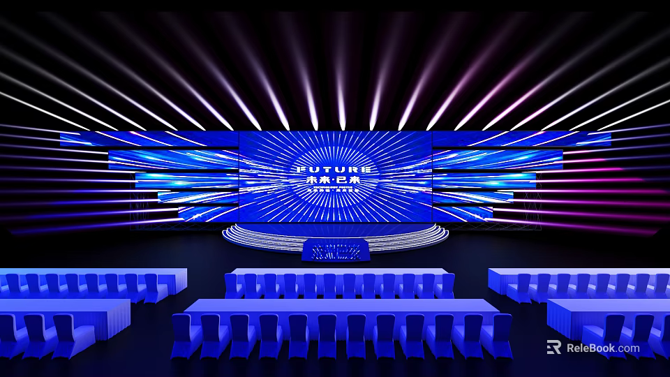 Modern Stage Setup Featuring Blue Screen Displaying China Price And Neatly Arranged Blue Seats 3d model 