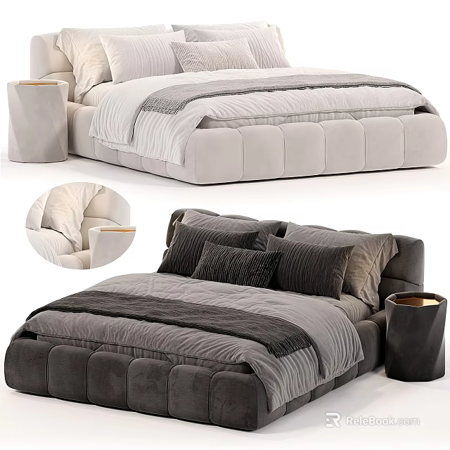 Modern Double Bed With Tufted Headboard Velvet Upholstery Decorative Pillows And Bedside Tables 3d model 