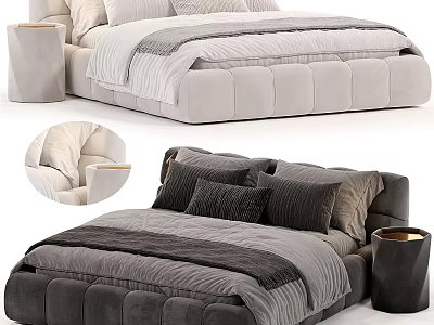 Modern Double Bed With Tufted Headboard Velvet Upholstery Decorative Pillows And Bedside Tables 3d model