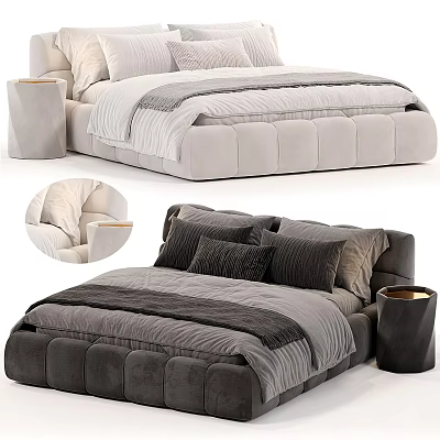 Modern Double Bed With Tufted Headboard Velvet Upholstery Decorative Pillows And Bedside Tables 3d model