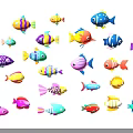 Many Colorful Cartoon Fish with Various Colors and Different Shapes on Black Background