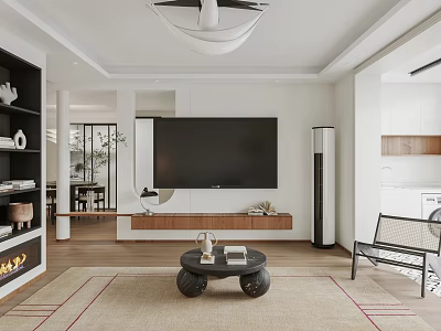 Modern Living Room Interior With Large TV Wooden Coffee Table Area Rug And Fireplace 3d model
