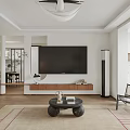 Modern Living Room Interior With Large TV Wooden Coffee Table Area Rug And Fireplace