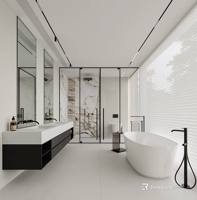 Modern Bathroom Interior With White Bathtub Double Sink And Glass Shower 3d model 