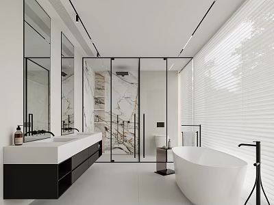 Modern Bathroom Interior With White Bathtub Double Sink And Glass Shower 3d model