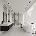 Modern Bathroom Interior With White Bathtub Double Sink And Glass Shower