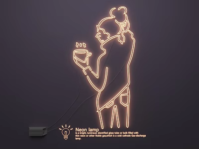 Glowing Neon Lamp Lighting Set With Silhouette Figure Holding Cup On Dark Background 3d model