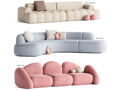 Beige Light Blue Pink Multi Seat Sofas With Striped Floral Cushions And Decorative Balls Pumpkins 3d model