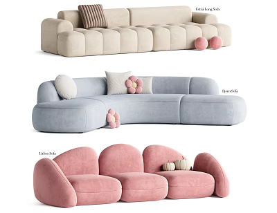 Beige Light Blue Pink Multi Seat Sofas With Striped Floral Cushions And Decorative Balls Pumpkins 3d model