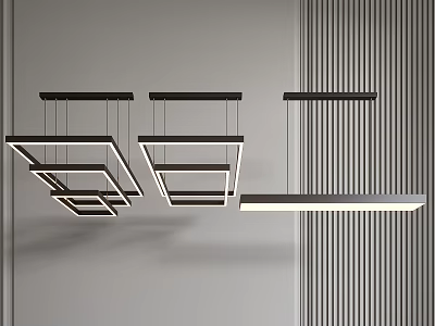 Modern Geometric Black And White Chandeliers Mounted On Gray Wall With Vertical Stripe Decor 3d model