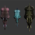 Three Colorful Horned Fantasy Creatures Standing As 3D Models In Pink Blue And Dark Gray