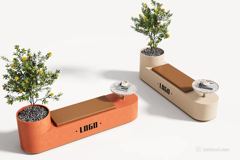 Modern Stylish Outdoor Bench Chairs With Built In Planter And Side Table For Public Spaces 3d model 