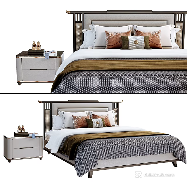 Modern Double Bed With Decorative Pillows Textured Bedspread And Nightstand Drawer 3d model